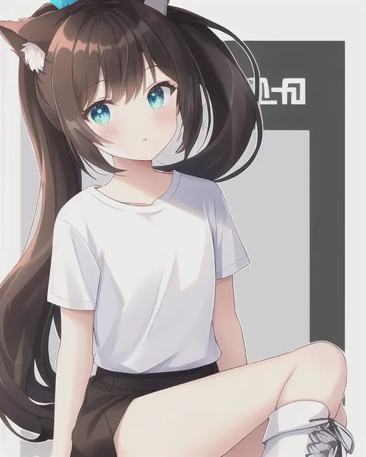 🐈‍⬛ Girl With Long High Black Ponytail, Cyan Eyes, White T Shirt Tucked Into A White Skirt, Tall Brown Boots