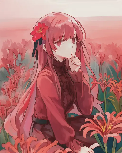 A girl in a feilds of red flower lily's 