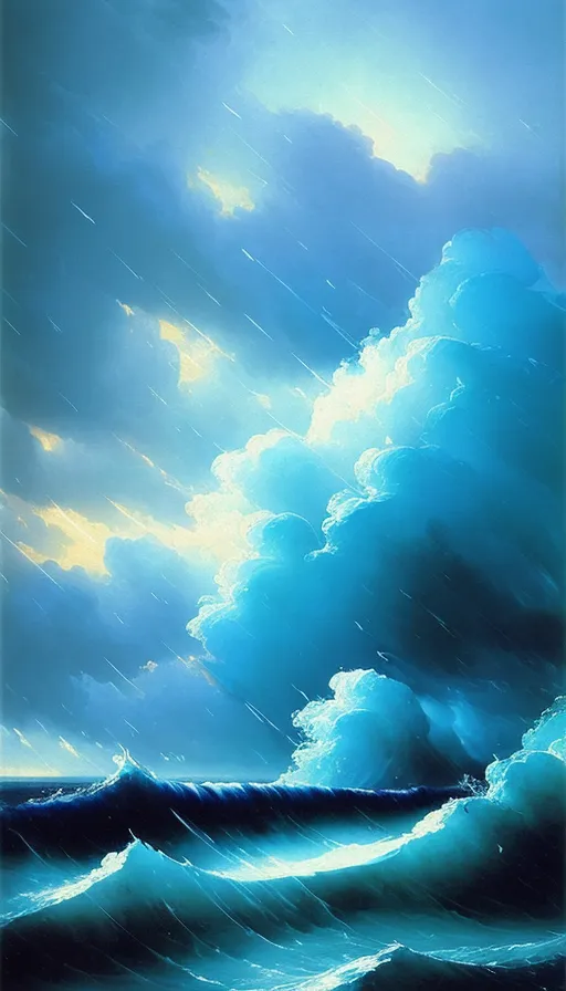 _Artwork by Ivan Aivazovsky, blue waves, cloudy sky, rainstorm, stunning art, detailed, high quality, high definition