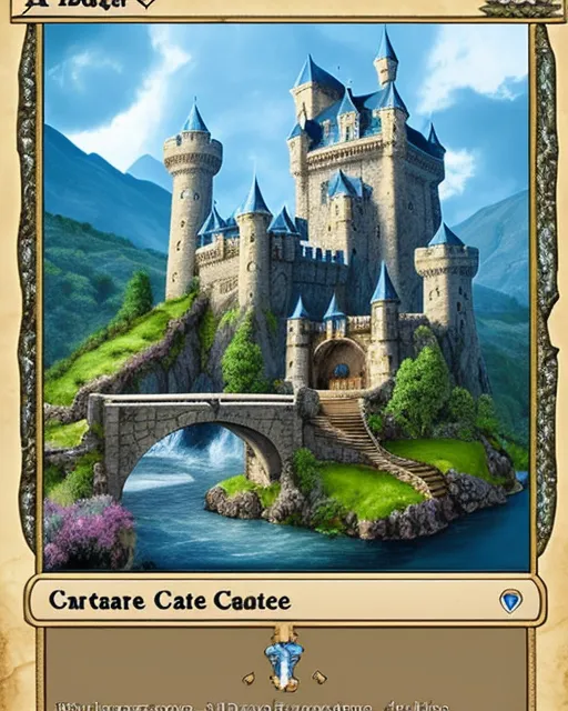 A big castle, on a mountain, with a waterfall going under a bridge, in the style of magic the gathering 