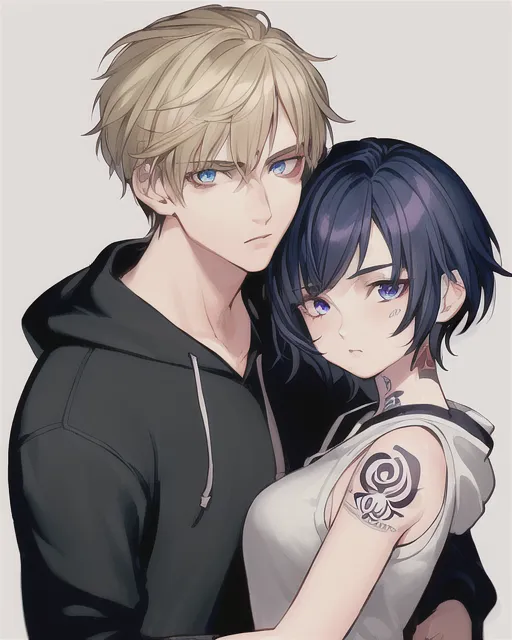 ((1guy, short hair, tattoos, hoodie, protective, holding girl, handsome face, clear face)), ((1girl, hoodie, beautiful face, in love, being held, clear face)), ultra hd, ultra clear, 4k, anime character, detailed,  vibrant, anime face, sharp focus,  character design, unreal engine, anime, camilla d’errico, claire keane, glen keane