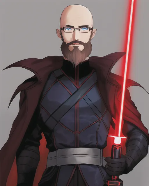 Sith male, bald, glasses, blue eyes, short brown beard. Red lightsaber. 25 years old.