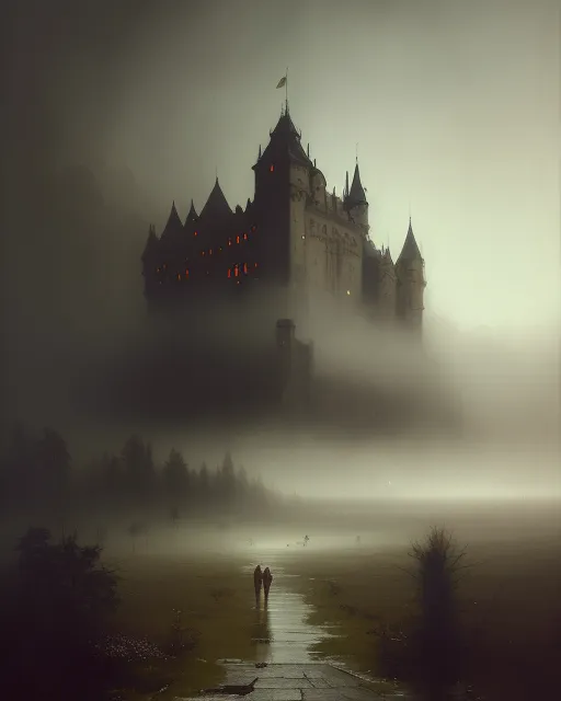 Misty castle at dawn