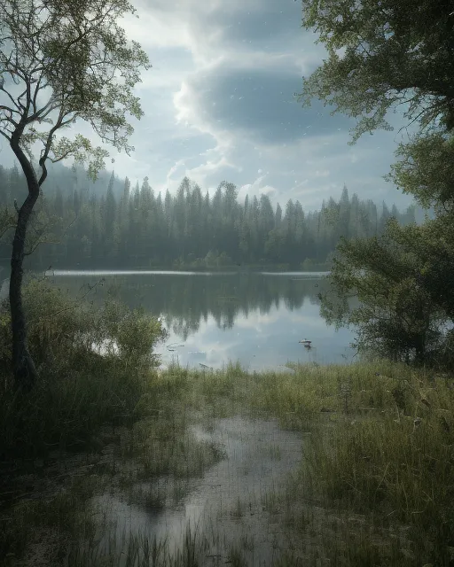 The wilderness is a beautiful and surreal place, full of amazing details and colours, The grass field is full of light particles, and the lake is surrounded by trees and plants, The blue sky is full of clouds, and the cumulonimbus cloud is especially surreal, The angle and view are perfect, and the detail and colours are amazing