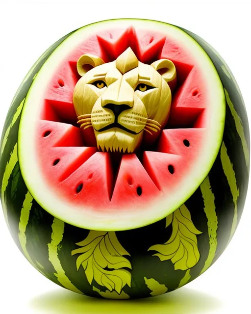 A lion carved into a watermelon