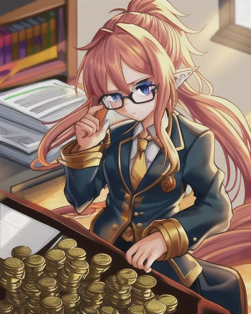 Dragon girl, working at a desk, counting gold coins, office attire, small glasses, long golden hair tied into a ponytail, blue eyes, tired looking.