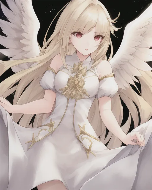Female Angelic being with white feathers, blonde hair, and white dress