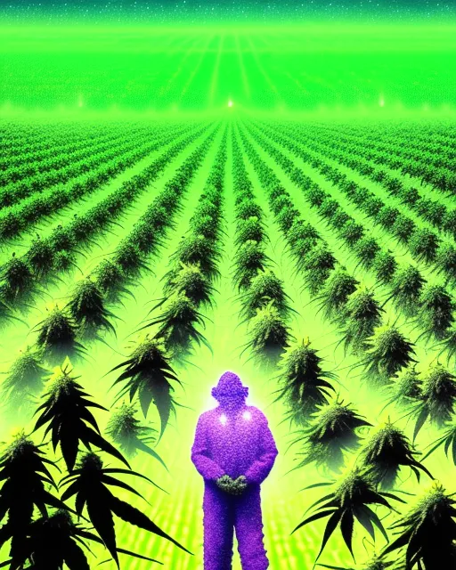 A cannabis farmer being visited by aliens in a large cannabis field as far as the eye can see. The aliens are realistic looking and green. They are very pleased to see how humans utilize cannabis for its medicine. Large colas with green and purple with trichomes that look like crystal sprinkles covering them 