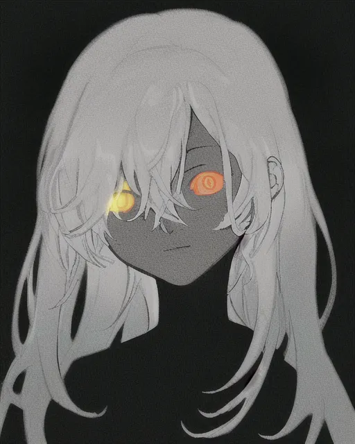 a person in a dark room with an outline of color around them and glowing eyes