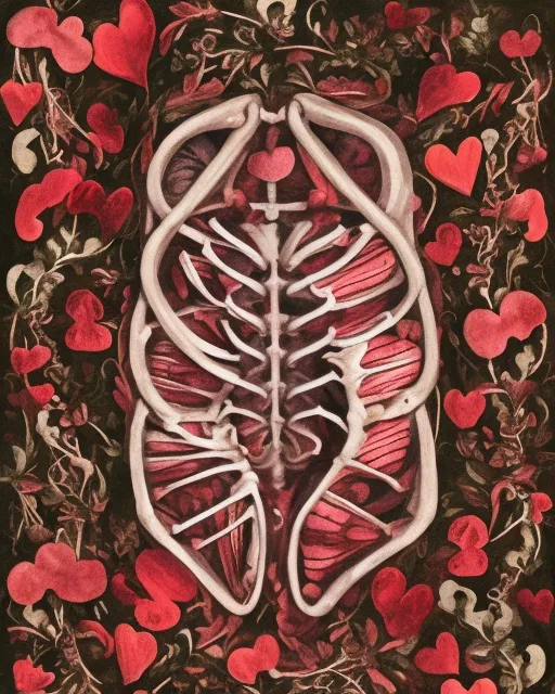 Ribcage full of juicy hearts, dark rembrandt style, floral background