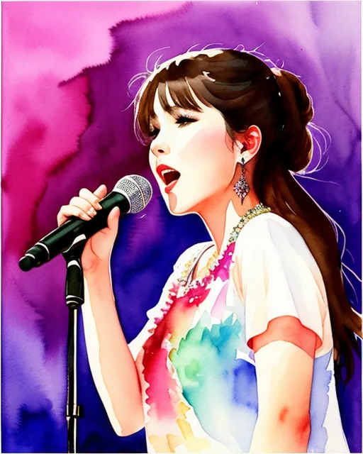 IU singing on the stage on Lalopoluza ; beautiful watercolor painting,  realistic,  detailed,  painting by olga shvartsur,  svetlana novikova,  fine art,  soft watercolor