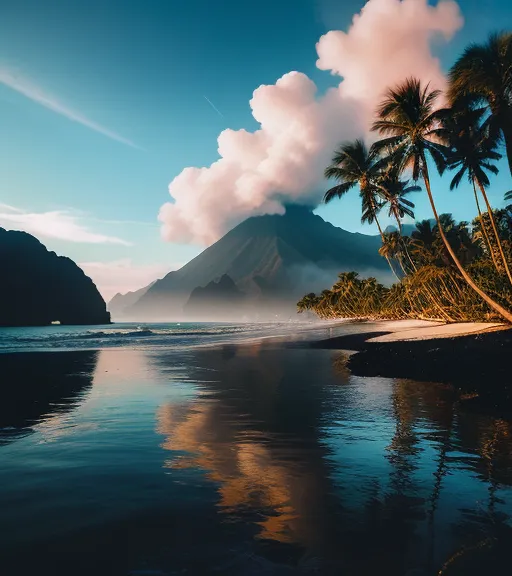 Godzilla, Thailand beach scene with a giant Godzilla drinking a drink. Colorful, volcano with bright lava flows, the moon, space, palm trees, lots of bright flowers, National Geographic photo, space sky with comets and meteorites, galaxies, planets, Hubble telescope pictures, nasa pictures. Beach, ocean, palm trees, flowers, more ocean and beach, more flowers 