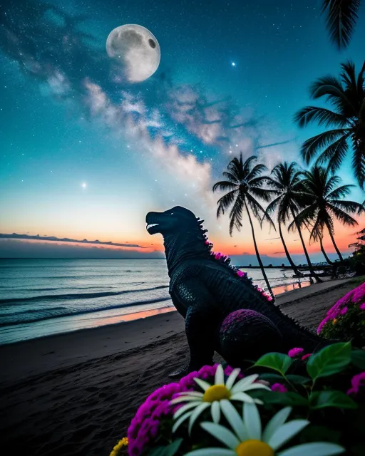 Godzilla, Thailand beach scene with a giant Godzilla drinking a drink. Colorful, volcano with bright lava flows, the moon, space, palm trees, lots of bright flowers, National Geographic photo, space sky with comets and meteorites, galaxies, planets, Hubble telescope pictures, nasa pictures. Beach, ocean, palm trees, flowers, more ocean and beach, more flowers, more bright night sky with stars galaxies meteors and the moon, more bright and colorful stars and galaxies in the sky, planets