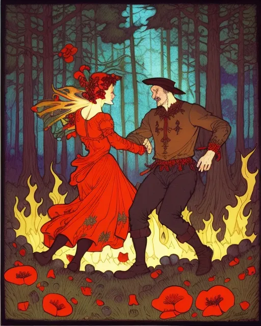 Pagans dancing, near a fire, in the woods, by james jean, Storybook Illustration, gothic, spooky, frank frazetta, alphonse mucha, mark brooks, dan mumford, coloured pencil, hyperrealism, realism, hyperdetailed, intricate, patterns, psychedelic, poppies, mushrooms, spiderwebs 