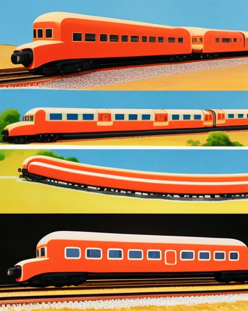 Passenger train that looks like hot dogs, beautiful, detailed, expansive, matte painting