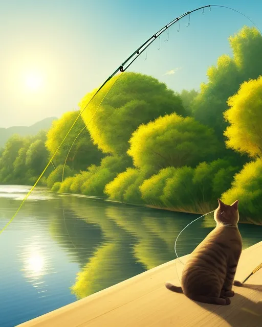 a humanized cat is fishing with a fishing rod on the river bank, the sun, a beautiful landscape