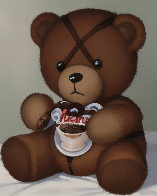 A teddy bear eating nutella