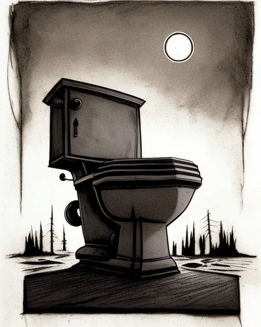 Old toilet , matte painting, flickering light, landscape, matte background, moonscape, noctilucent, post-apocalyptic, seb mckinnon, charcoal sketch, pencil drawing, ballpoint pen art, stencil art, woodcut, complimentary shades of grey, balanced, symmetry 