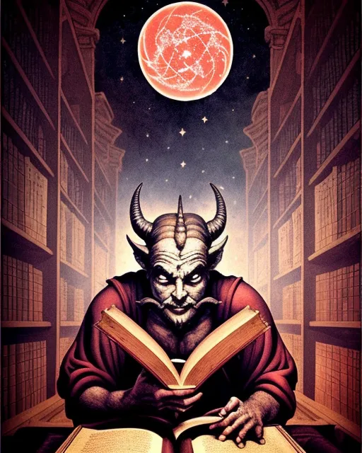 A devil a library reading ancient - Free AI Photo Generator - starryai