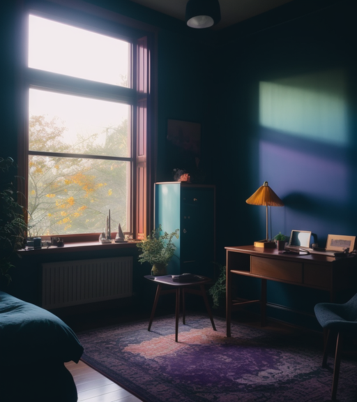 cat with violet hair in dark backgroup with a window inside of a room,where a lighting storm appers outside of the window