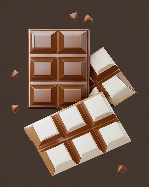 Chocolate bar, chocolate chips, white chocolate,  milk chocolate,  nougat, cut in half, caramel, drizzle