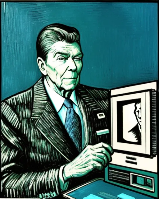 Ronald Reagan playing with a Vectrex in the style of Picasso meets Van Gogh