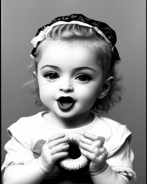 Madonna, singer , as an infant,  enjoying her first ever donut. 