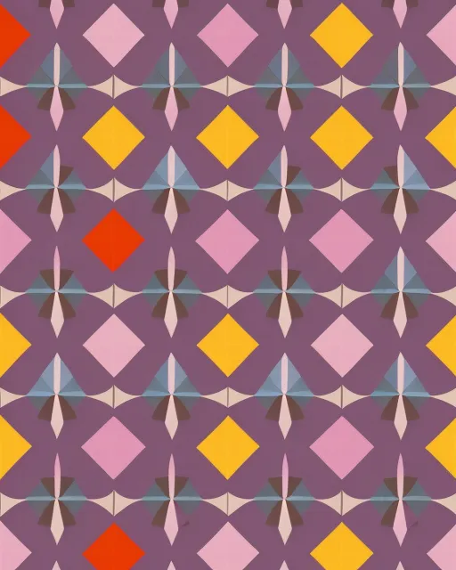 Multicolored geometric shapes connected on mauve background with childlike trees surrounding them