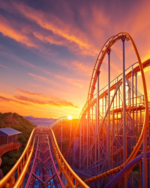 Sunset over rollercoaster realistic AI Photo Generator starryai