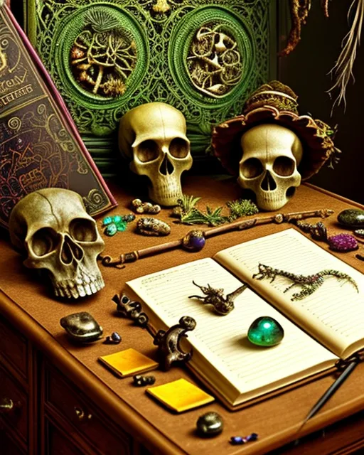 Dry Herbs, gemstones, old notebook on on old desk. Skulls and bones, cauldron boiling, In a voodoo room, bats, snakes, elaborate, iridescent, photo realistic, hyperrealism, rococo, national geographic photo, hyper detailed, psychedelic, intricate, art nouveau, alphonse mucha