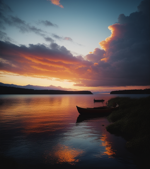 "A sunset over a lake a a boat - Free AI Photo Generator - starryai