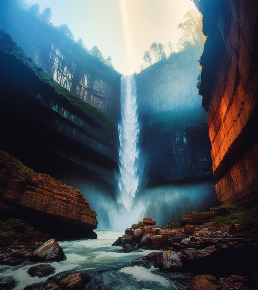 "A waterfall cascading down a cliff with a rainbow in the mist,  digital illustration,  extreme detail,  digital art,  4k,  ultra hd, hyperrealism, realism, ivan shishkin, john constable, albert bierstadt, photorealistic"