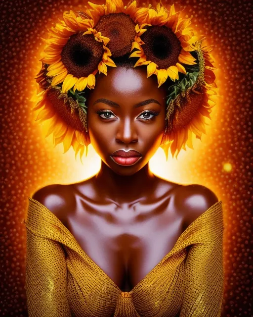 Africana art, dramatic lighting, intense eyes, sunflowers, vibrant colors of yellow and gold, glowing, surround by the universe, stars, energy of God,