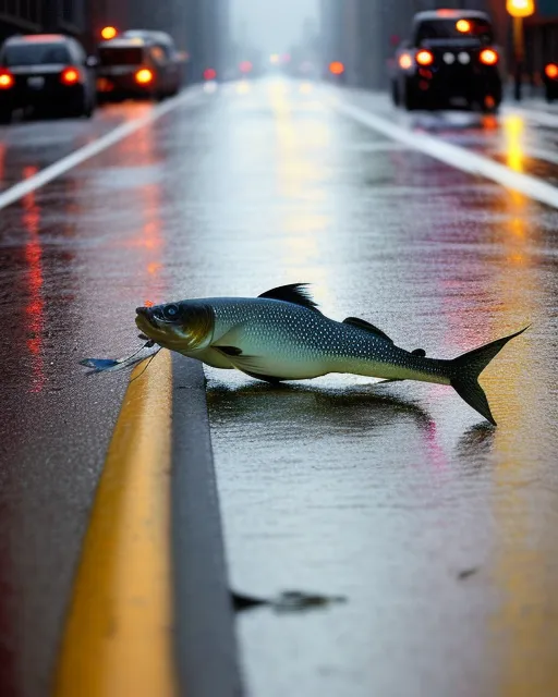 A fish laying on the road in New York while its raining, national geographic photo