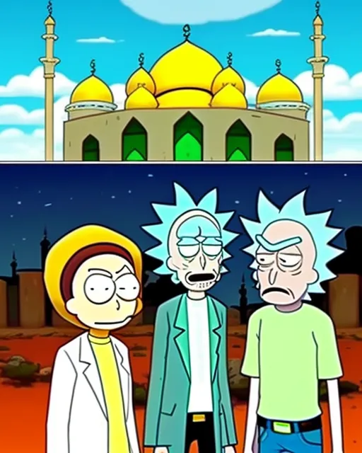 rick and morty in the mosque parying
