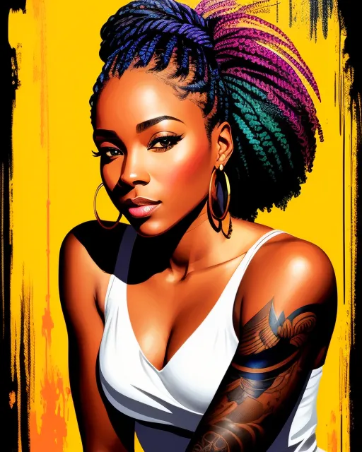 A woman with tight braids in her hair wearing a tank top shorts covered in  tattoos - AI Generated Artwork - NightCafe Creator