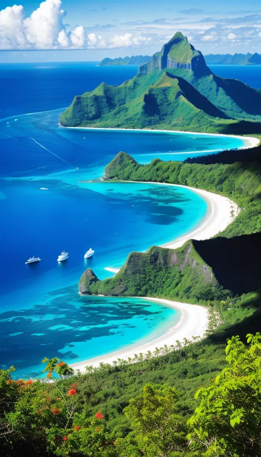 Tahiti, Fiji, Bora Bora, hawaii landscape set in space, 8K 3D, HDR, 8k resolution, Concept Art, Rendered in Cinema4D, Psychedelic, Hyperrealism, Concept Art, Psychedelic, Greg Rutkowski, Hudson River School