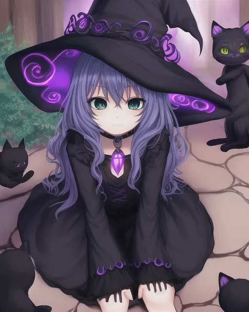 Cute witches, black kitties, cauldron, - AI Photo Generator - starryai
