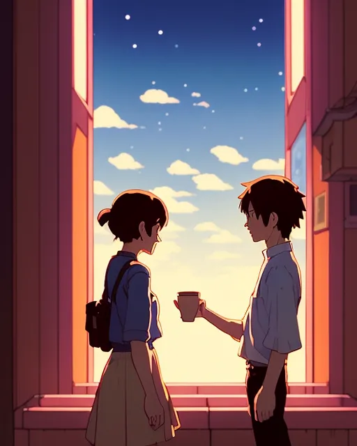 Greeting the one person who has puppeteerd your life and corrupted the world standing off in a digitized realm, art by makoto shinkai, backlight, detailed, contrast, glaze, cosy atmosphere,  coffee paint, 8-bit, art by akihiko yoshida, morph, dot, magical, says hello