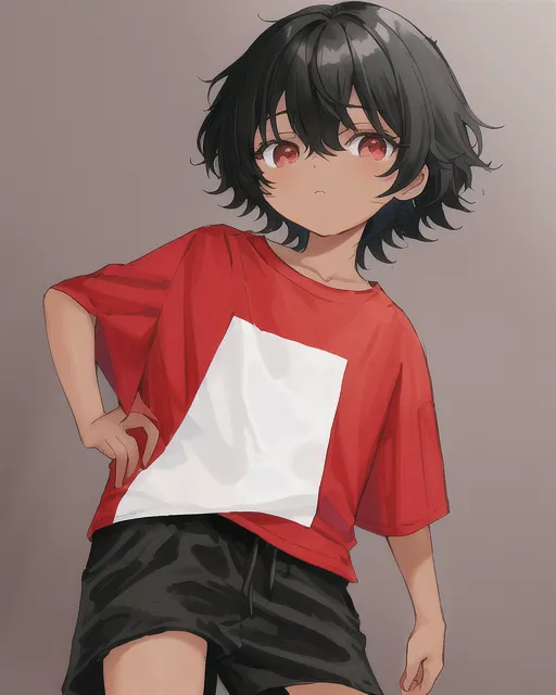 A black haired male child thats skin in tan he is cute in a red and white over sized tee shirt with black shorts 