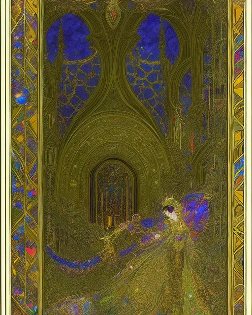 Harry Clarke classic landscape, insane detail , vivid jewel tones --ar 32:20 --v 5.2