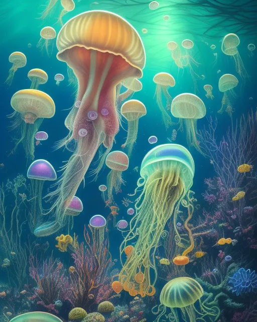 ((Jellyfish community, underwater)), ocean, beautiful fantasy landscape,  realistic and natural,  detailed full-color,  nature,  hd photography,  fantasy by john stephens,  galen rowell,  david muench,  james mccarthy,  hirō isono,  realistic surrealism,  ((magical,  detailed,  ))gloss,  hyperrealism, fantasy art, hyper detailed, hyperrealism, beautiful, aurora, psychedelic, glowing neon, colorful, serene, hyperdetailed, holographic