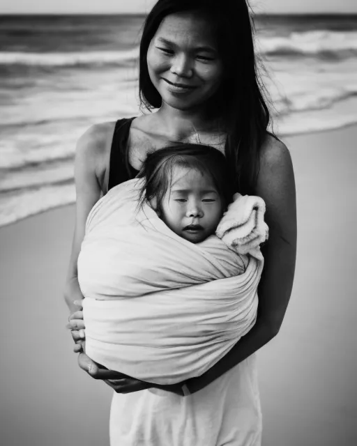 Filipina holding her swaddled baby., beach scene,  black and white photo,  beautiful,  natural,  realistic,  vintage black and white photography,  ultra hd, medium shot