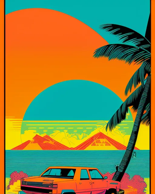 80s Sunset Tropical Fascism, johan grenier, victo ngai, hyper detailed, james jean, dan mumford, kilian eng, hyperrealism, sticker illustration, pop art