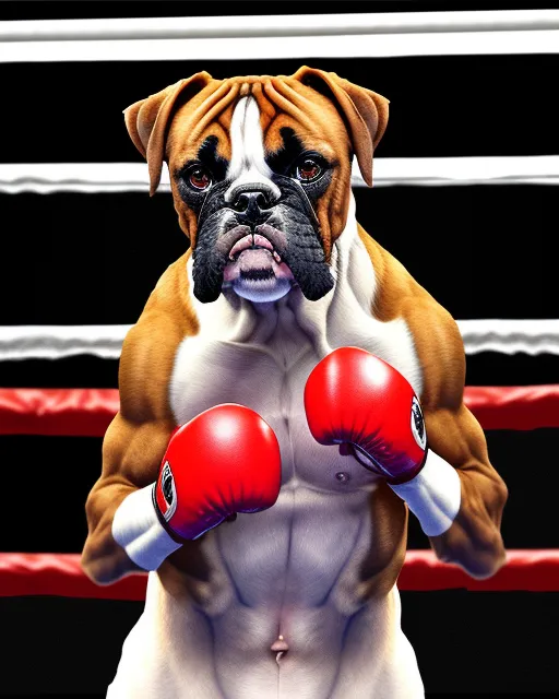 Boxer dog. Boxing in a boxing ring