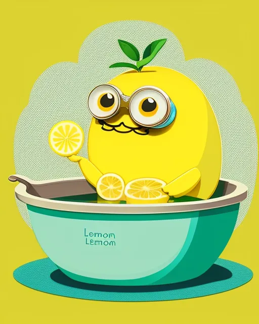 Anthropomorphic lemon bathing in lemonade, cute, adorable, , digital painting,  digital illustration,  extreme detail,  digital art,  4k,  ultra hd, victo ngai, storybook illustration, cinema 4d, colorful, retro, detailed, sticker illustration