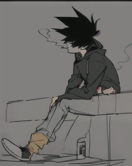 Depressed young man in a fluffy hoodie and faded black jeans gazing longing out at the horizon while smoking a cigarette. A sad smile stretched across his face as he has given up on the world