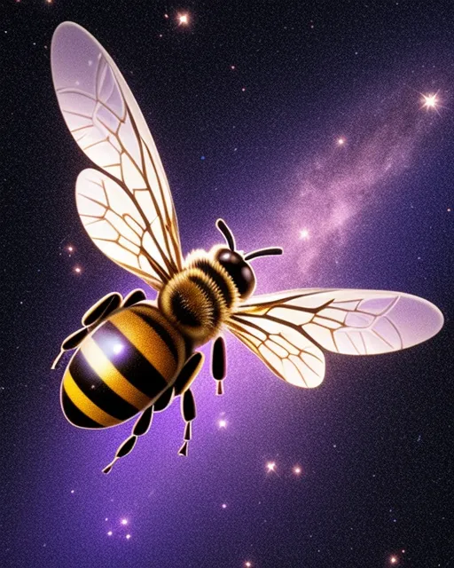 {A honeybee floats in the darkness of space, its wings buzzing softly. The bee is surrounded by stars and planets, and the Milky Way galaxy stretches out in the distance. The bee is on a journey to a new planet, carrying pollen from Earth}, UHD, Luminous Studio graphics engine, purple, blue, cyan, pink, epic action, cosmic background, Photo realistic,  natural lighting, realistic shadows, realistic texture, unreal engine 5, hightly detailed, intricate detailed, mythology