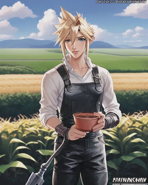 Cloud Strife, Final Fantasy VII, dressed as a farmer, standing in a cornfield, human, holding a planting shovel, farming, two blue eyes, one nose, one mouth, anime character,  detailed,  vibrant,  anime face,  sharp focus,  character design,  wlop,  artgerm,  kuvshinov,  character design,  unreal engine, anime, one character