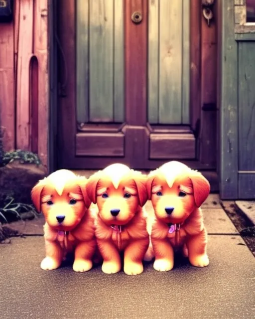 Cute adorable neon puppys in quaint setting